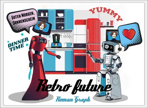 Ilustracja w stylu retrofuturyzmu z robotami kuchennymi