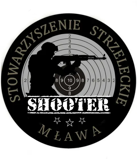 Logo strzeleckie z sylwetką żołnierza i tarczą, tło beżowe